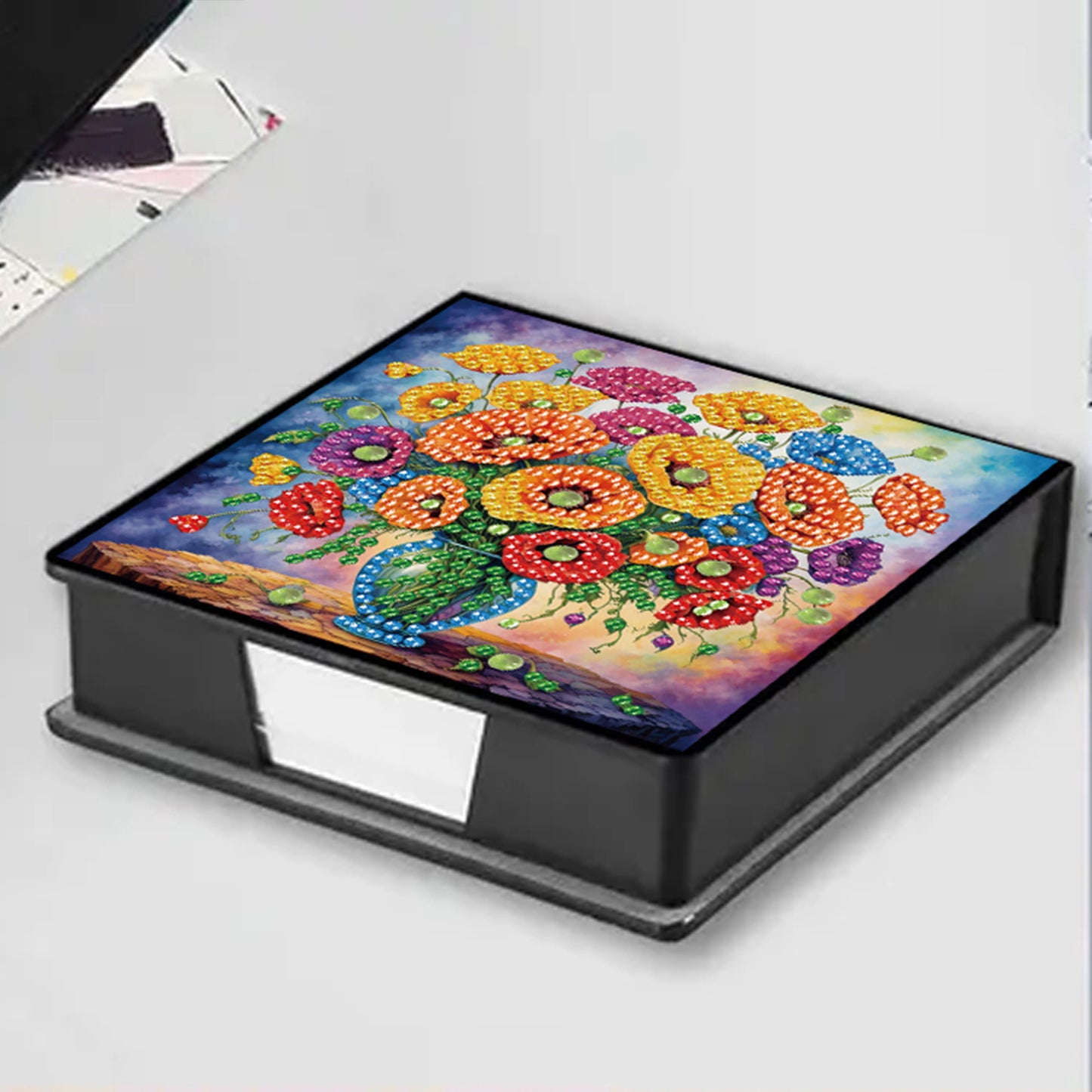 Flowers PU DIY 5D Diamond Painting Note Box with 160 Sheets for Office Home