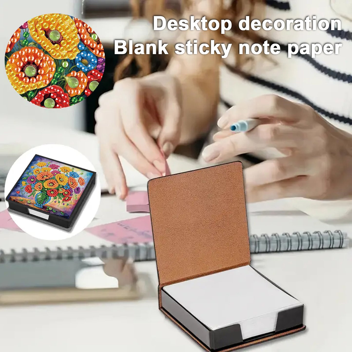 Flowers PU DIY 5D Diamond Painting Note Box with 160 Sheets for Office Home