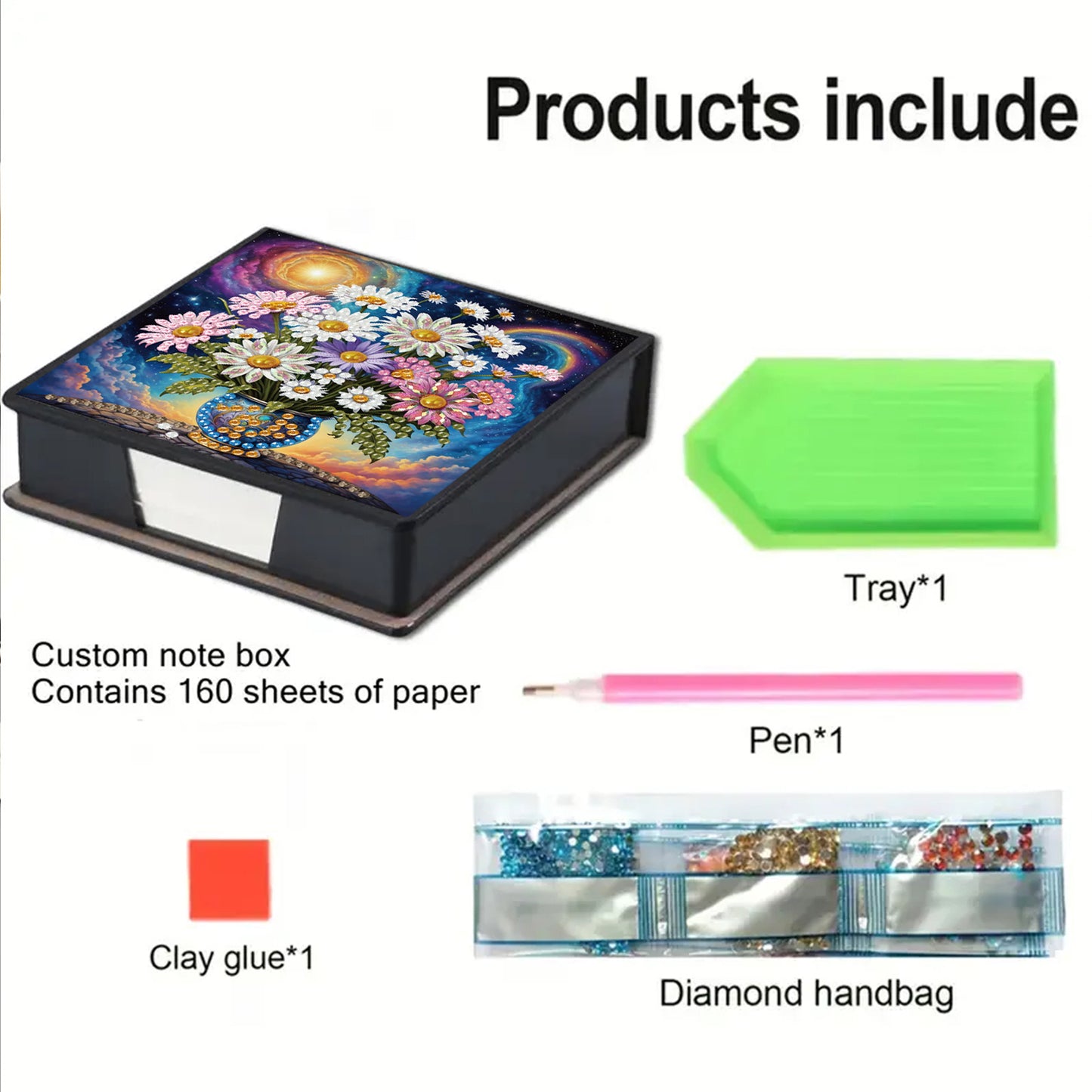 Daisies PU DIY 5D Diamond Painting Note Box with 160 Sheets for Office Home