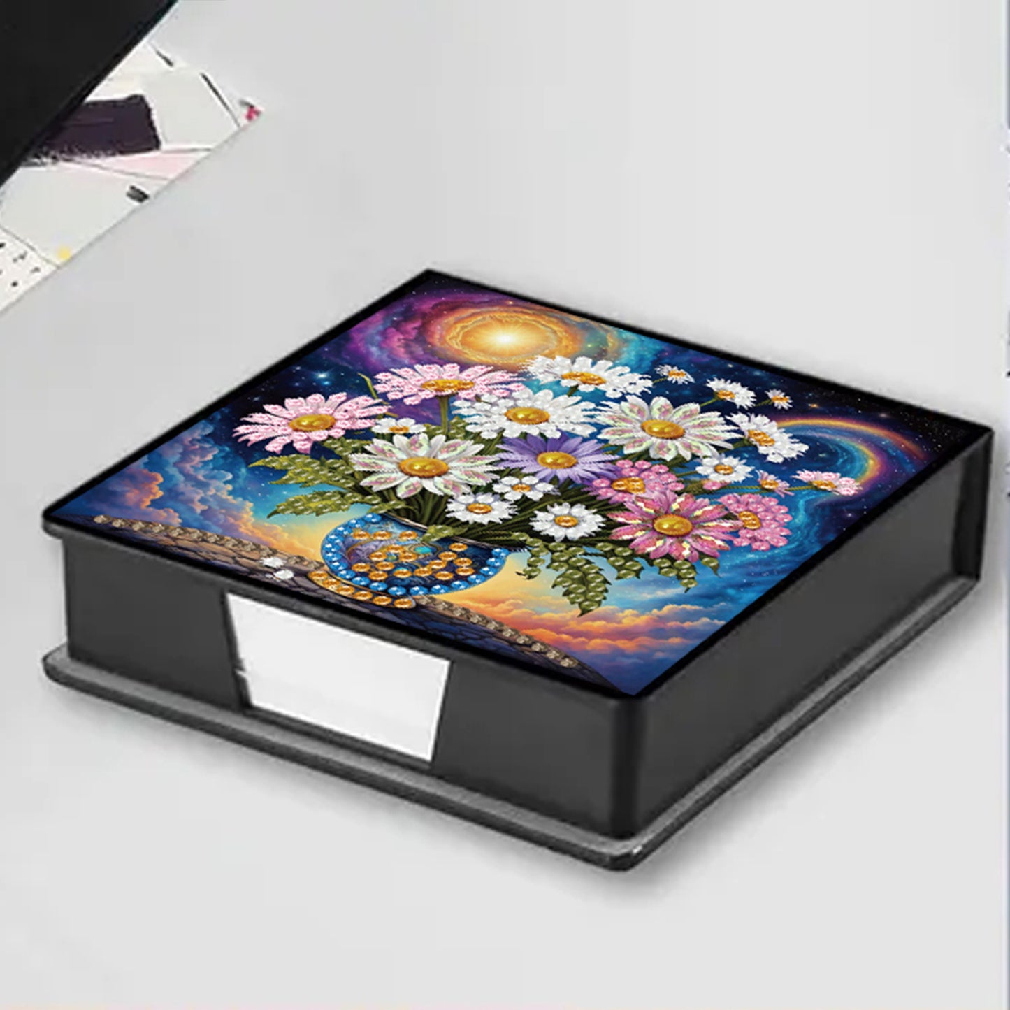 Daisies PU DIY 5D Diamond Painting Note Box with 160 Sheets for Office Home