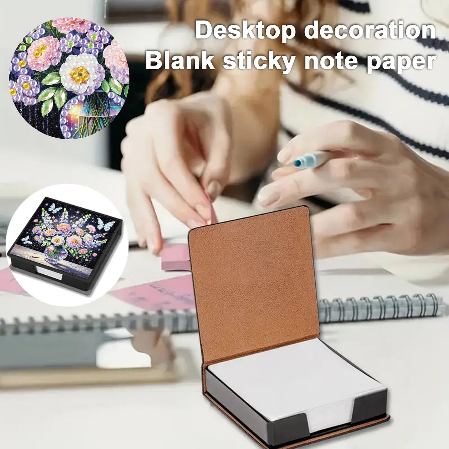 Bouquets PU DIY 5D Diamond Painting Note Box with 160 Sheets for Office Home