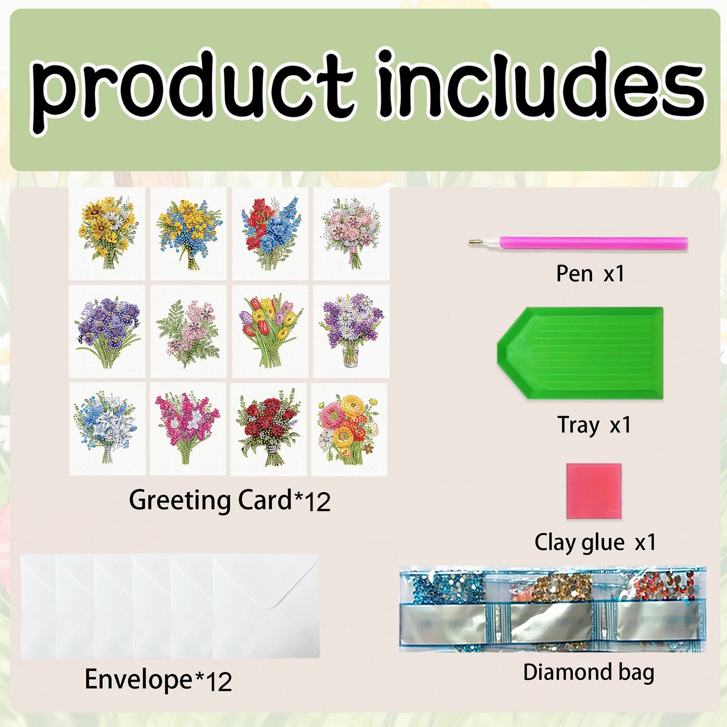 12pcs Bouquet of flowers DIY Diamond Art Greeting Cards with Envelopes for Adult