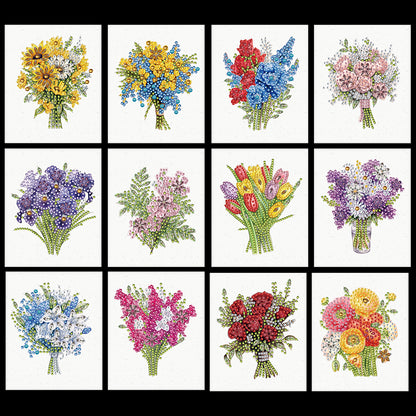 12pcs Bouquet of flowers DIY Diamond Art Greeting Cards with Envelopes for Adult