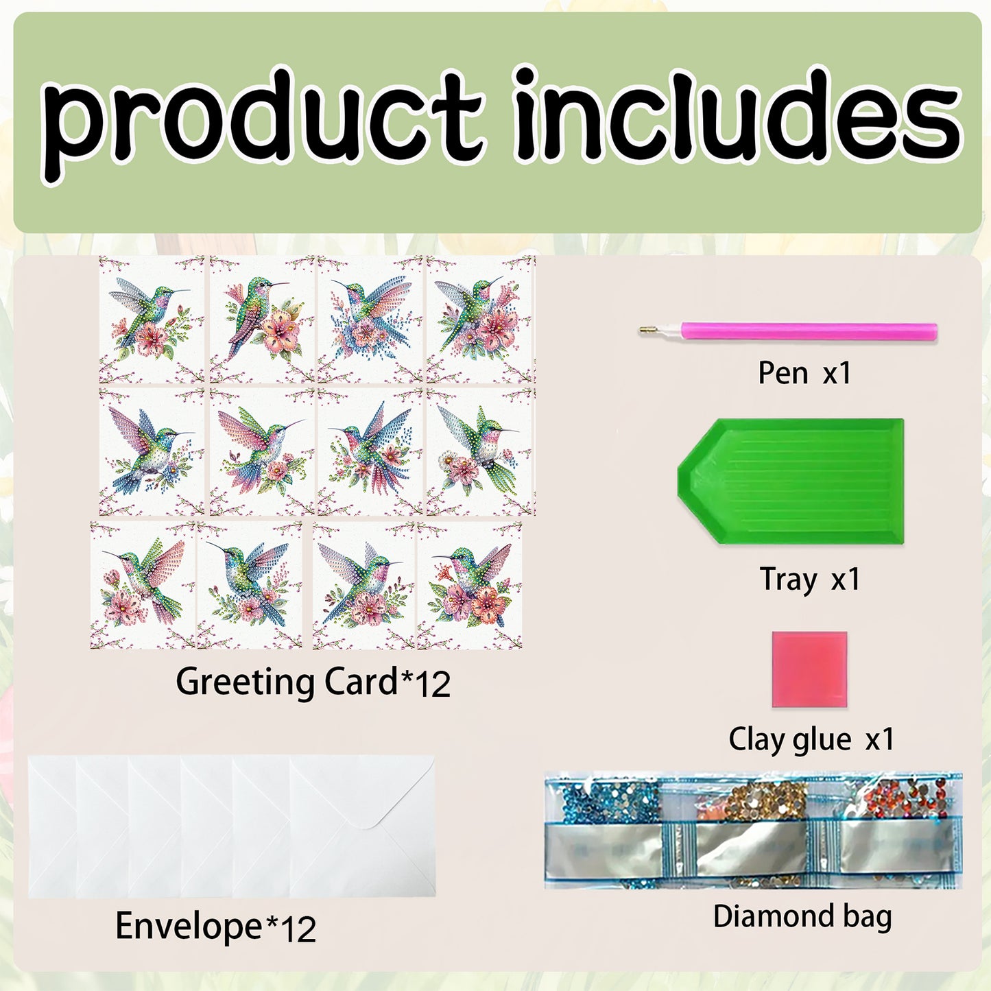 12pcs Flower Hummingbird DIY Diamond Art Greeting Cards with Envelopes for Adult