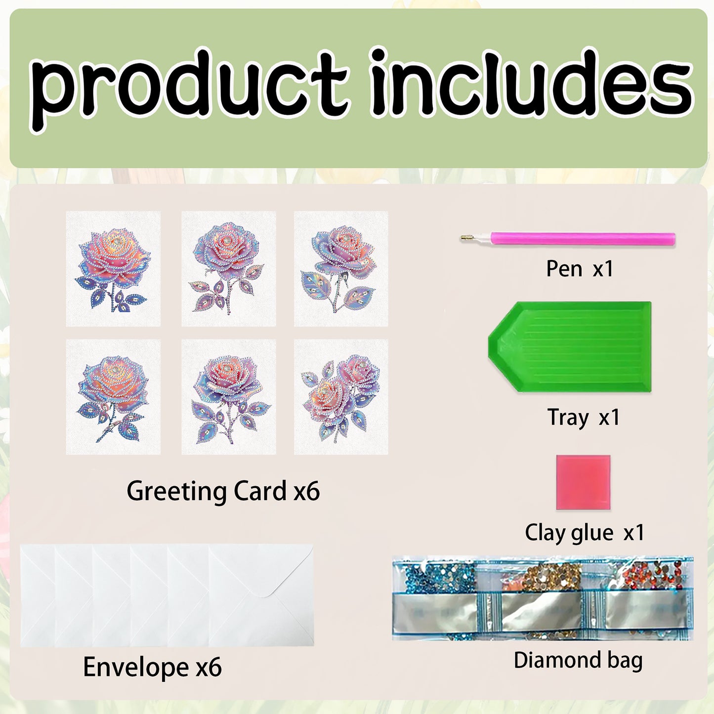 6pcs Rose DIY Diamond Art Greeting Cards with Envelopes for Adults Beginner
