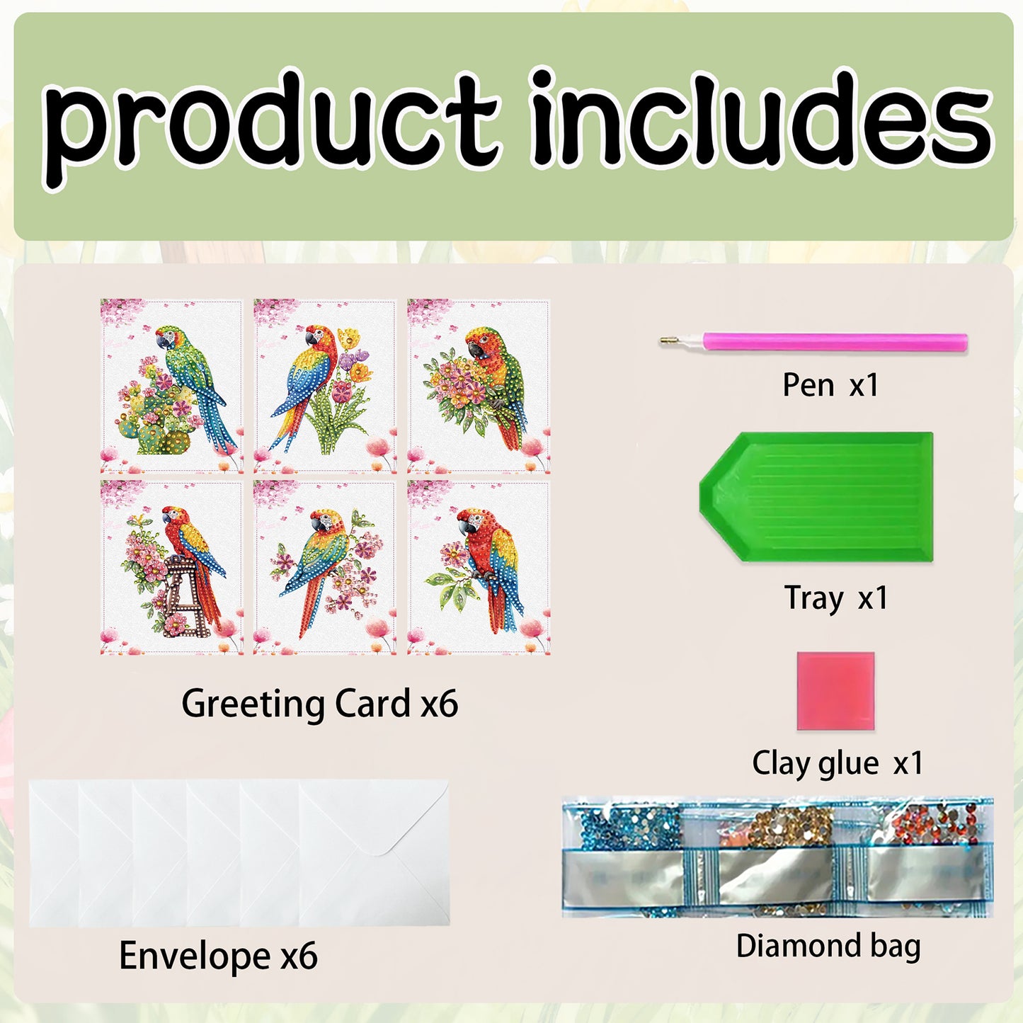 6pcs Colorful Parrot DIY Diamond Art Greeting Cards with Envelopes for Adults