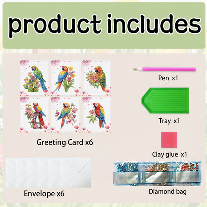 6pcs Colorful Parrot DIY Diamond Art Greeting Cards with Envelopes for Adults