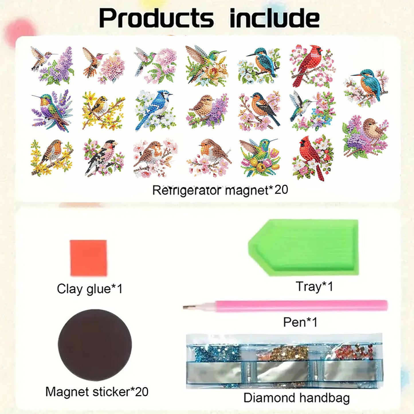 20Pcs Birds And Flowers DIY Diamond Painting Magnets Kits for Beginners Adults