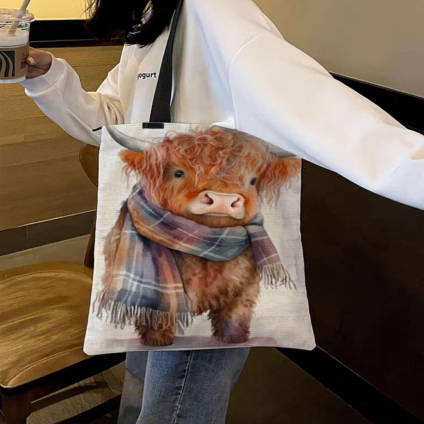 Yak with Scarf Canvas Tote Bag Embroidery Kit 11CT Print 40x40cm for Beginners