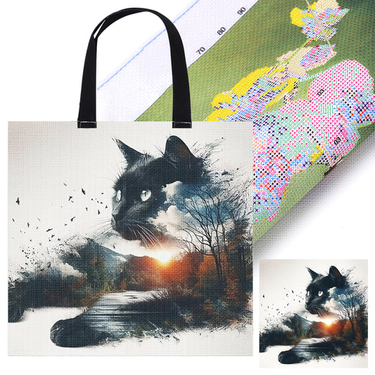Silhouette Cat Canvas Tote Bag Embroidery Kit 11CT Print 40x40cm for Beginners
