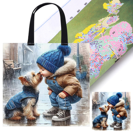 Boy and Dog Canvas Tote Bag Embroidery Kit 11CT Print 40x40cm for Beginners