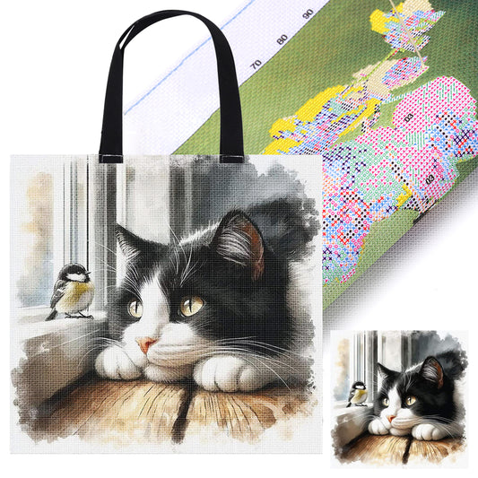 Cat Bird by the Window Canvas Tote Bag Embroidery Kit 11CT 40x40cm for Adults