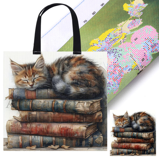 Book Pile Cat Canvas Tote Bag Embroidery Kit 11CT Print 40x40cm for Beginners