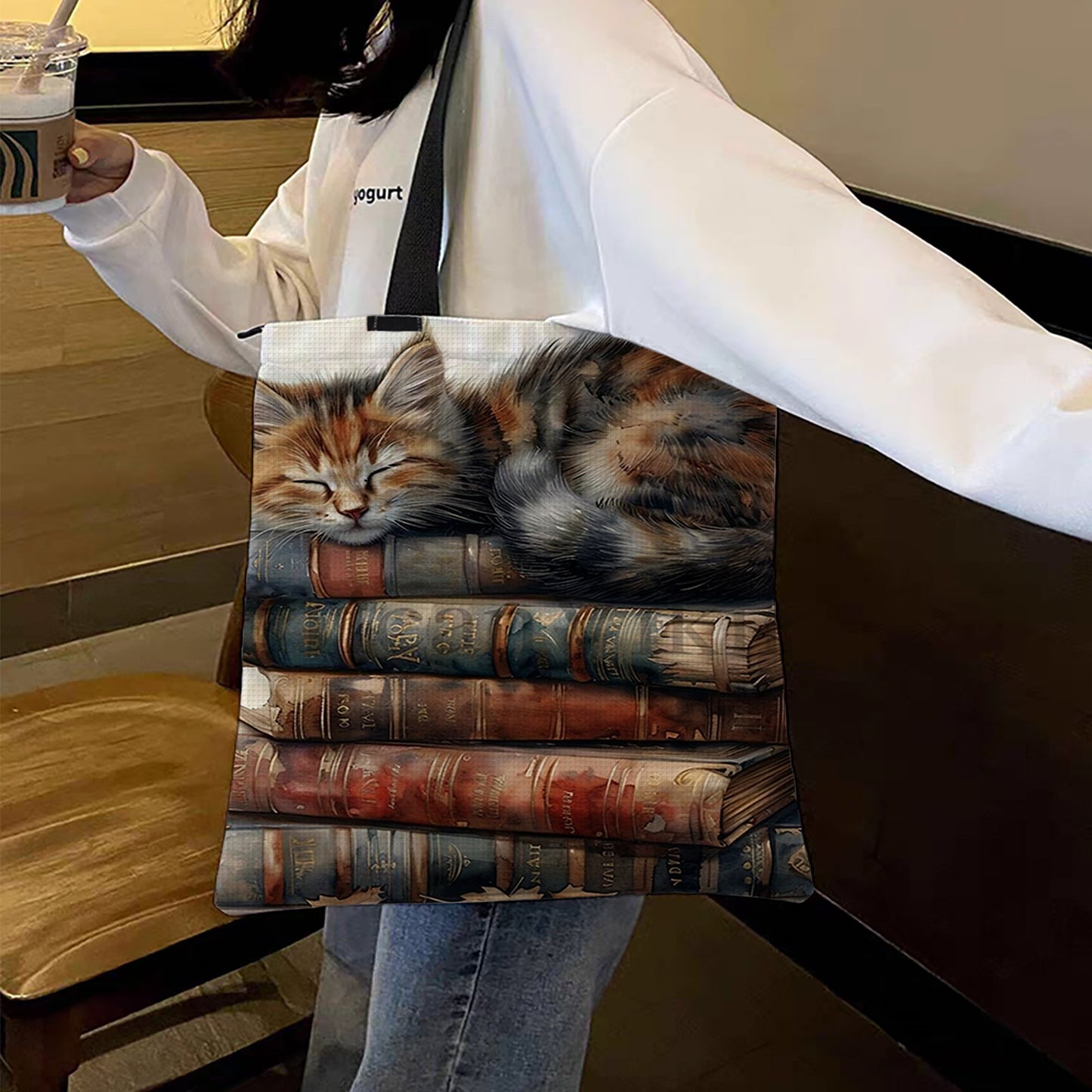 Book Pile Cat Canvas Tote Bag Embroidery Kit 11CT Print 40x40cm for Beginners