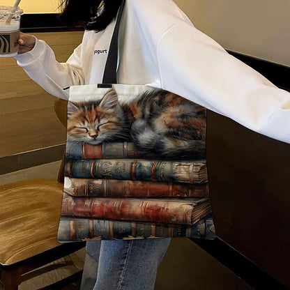 Book Pile Cat Canvas Tote Bag Embroidery Kit 11CT Print 40x40cm for Beginners