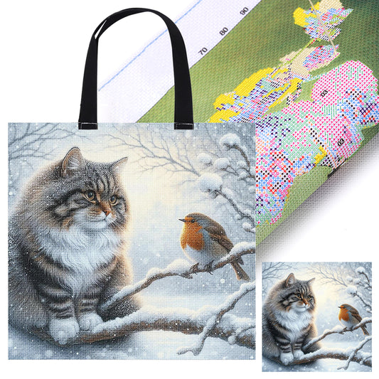 Winter Cats Birds Canvas Tote Bag Embroidery Kit 11CT Print 40x40cm for Adults