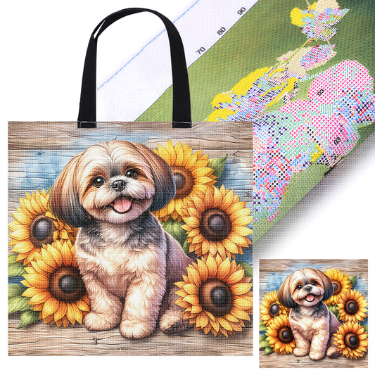 Sunflower Shih Tzu Canvas Tote Bag Embroidery Kit 11CT Print 40x40cm for Adults