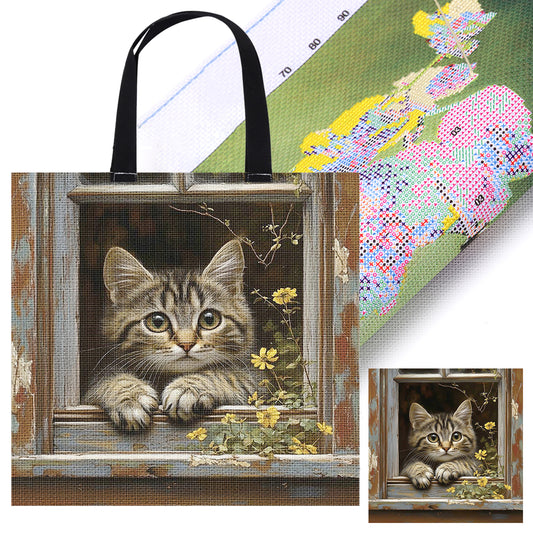Daisy Window Cat Canvas Tote Bag Embroidery Kit 11CT Print 40x40cm for Beginners