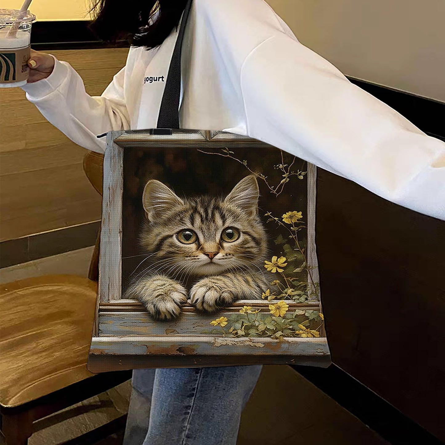 Daisy Window Cat Canvas Tote Bag Embroidery Kit 11CT Print 40x40cm for Beginners