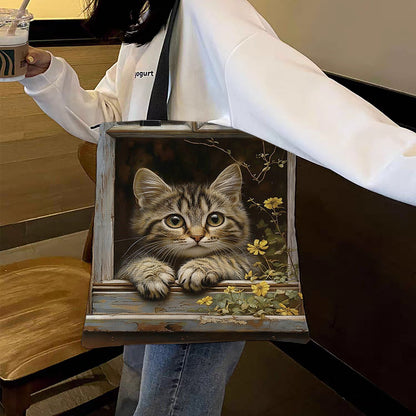 Daisy Window Cat Canvas Tote Bag Embroidery Kit 11CT Print 40x40cm for Beginners
