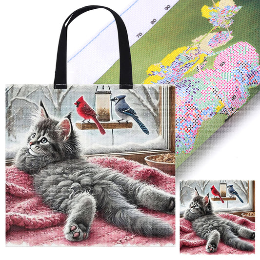 Indoor Cat Blanket Canvas Tote Bag Embroidery Kit 11CT Print 40x40cm for Adults
