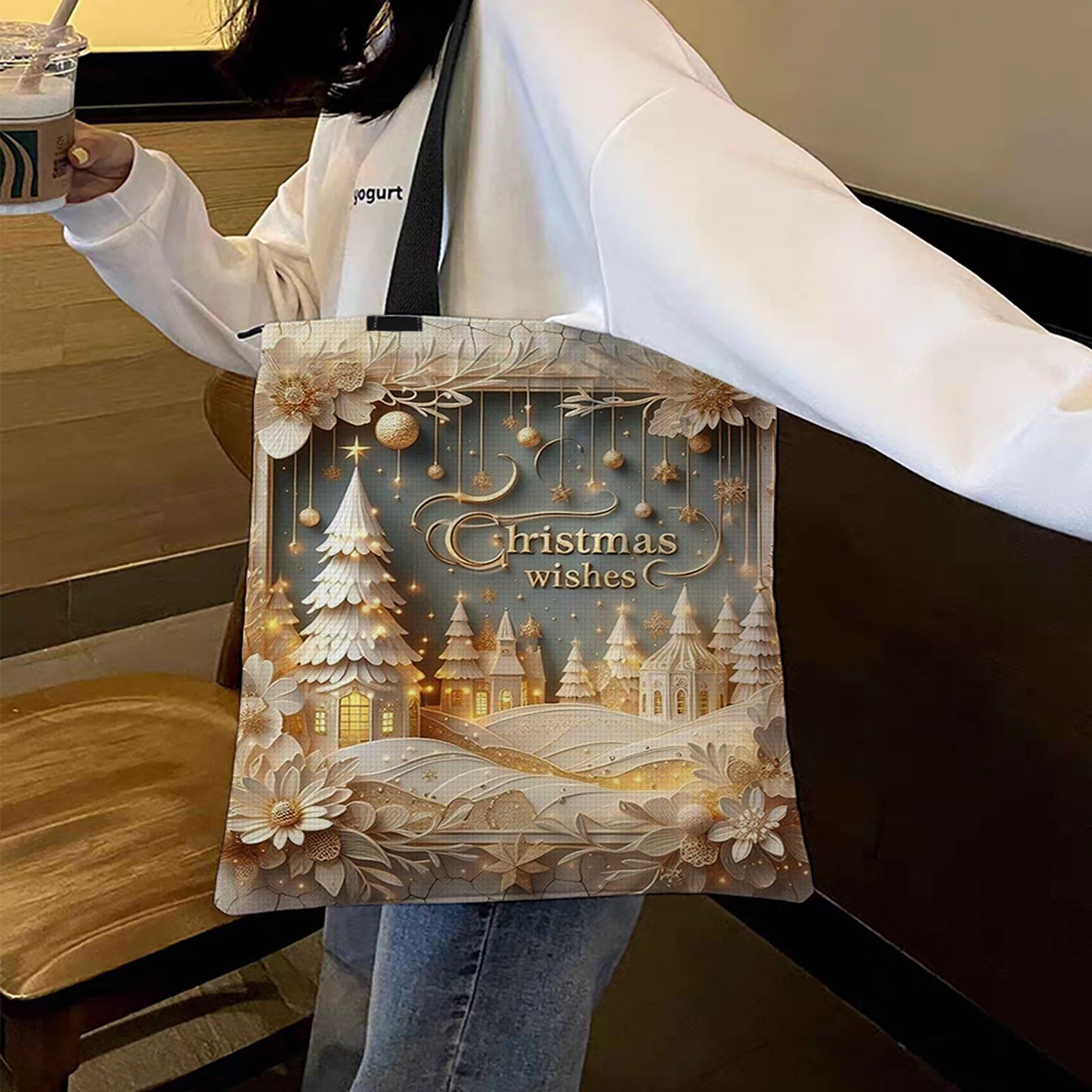 Christmas Scenery Canvas Tote Bag Embroidery Kit 11CT Print 40*40cm for Beginner
