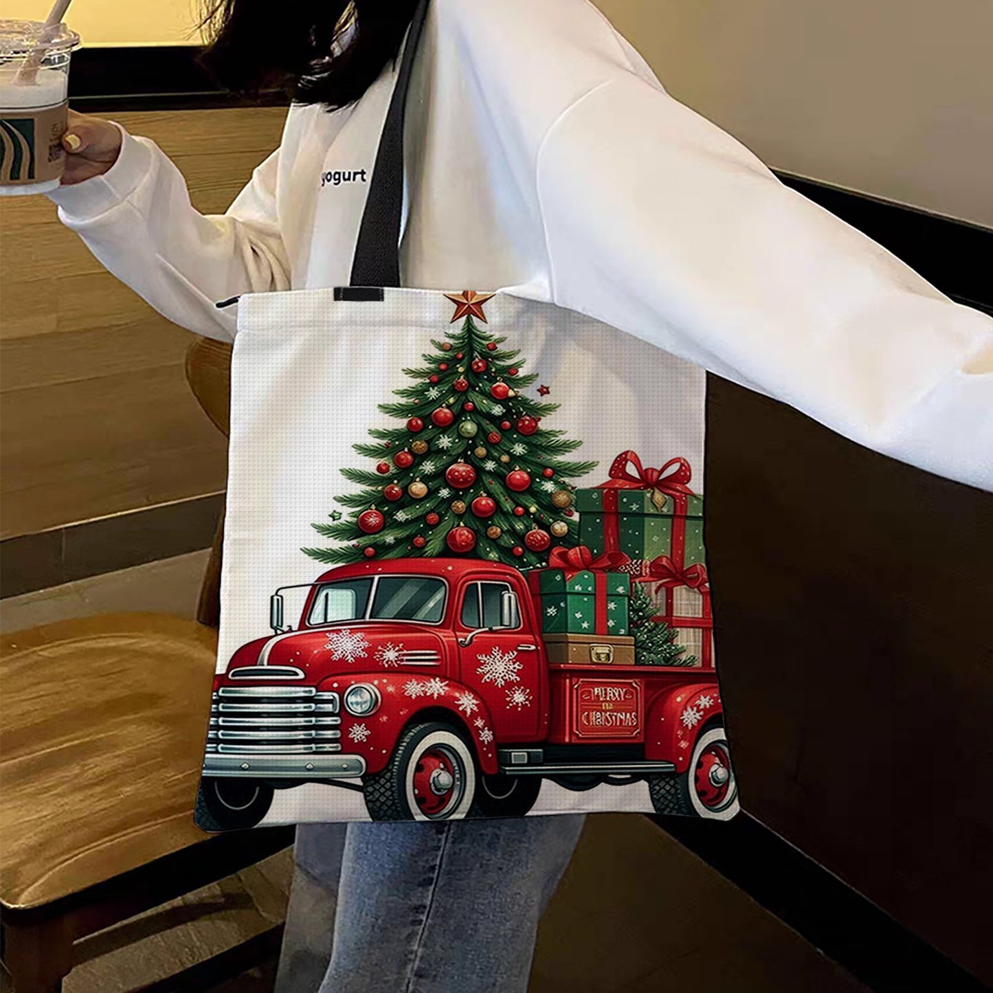Christmas Truck Canvas Tote Bag Cross Stitch Set for Beginners 11CT 40x40cm