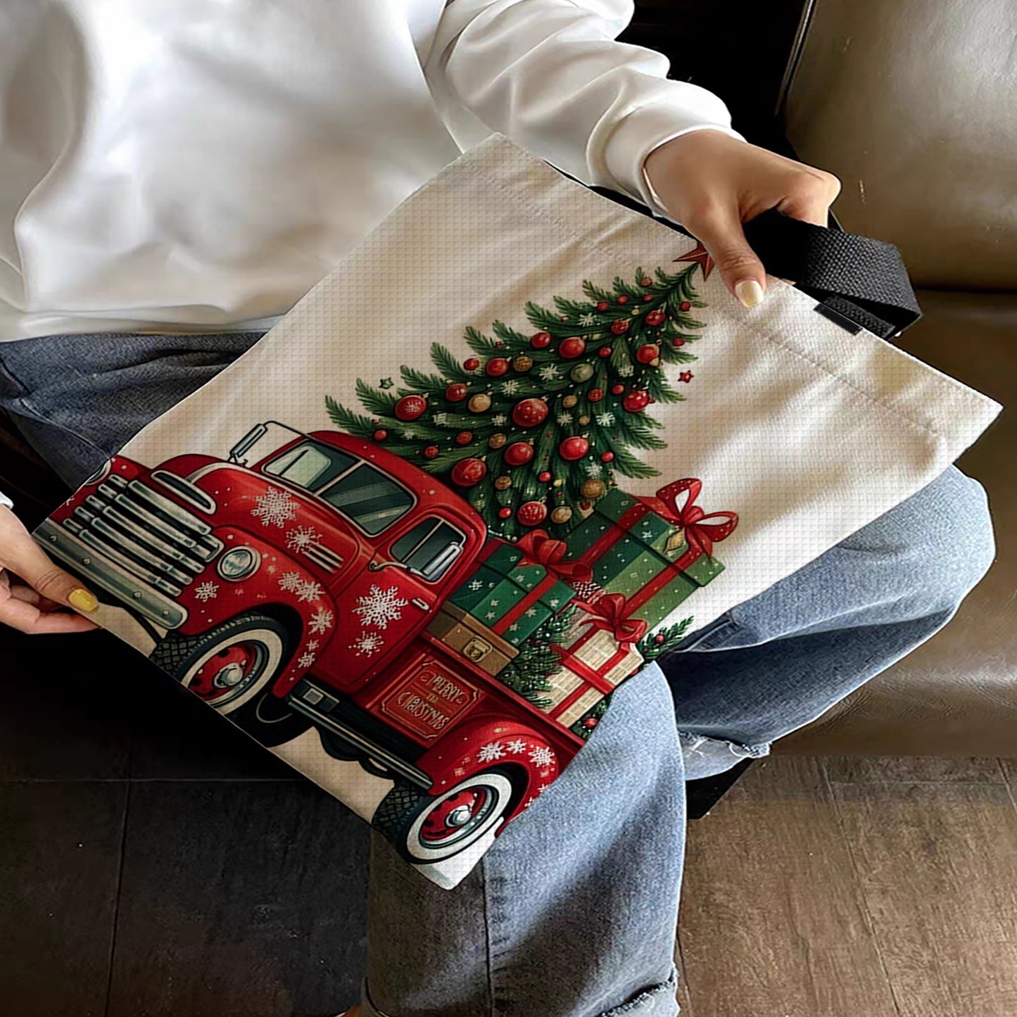 Christmas Truck Canvas Tote Bag Cross Stitch Set for Beginners 11CT 40x40cm