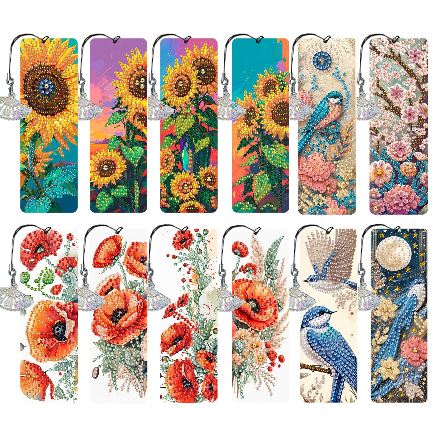 12Pcs Flowers and Birds DIY Diamond Painting Bookmarks for Reading Enthusiasts