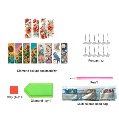 12Pcs Flowers and Birds DIY Diamond Painting Bookmarks for Reading Enthusiasts