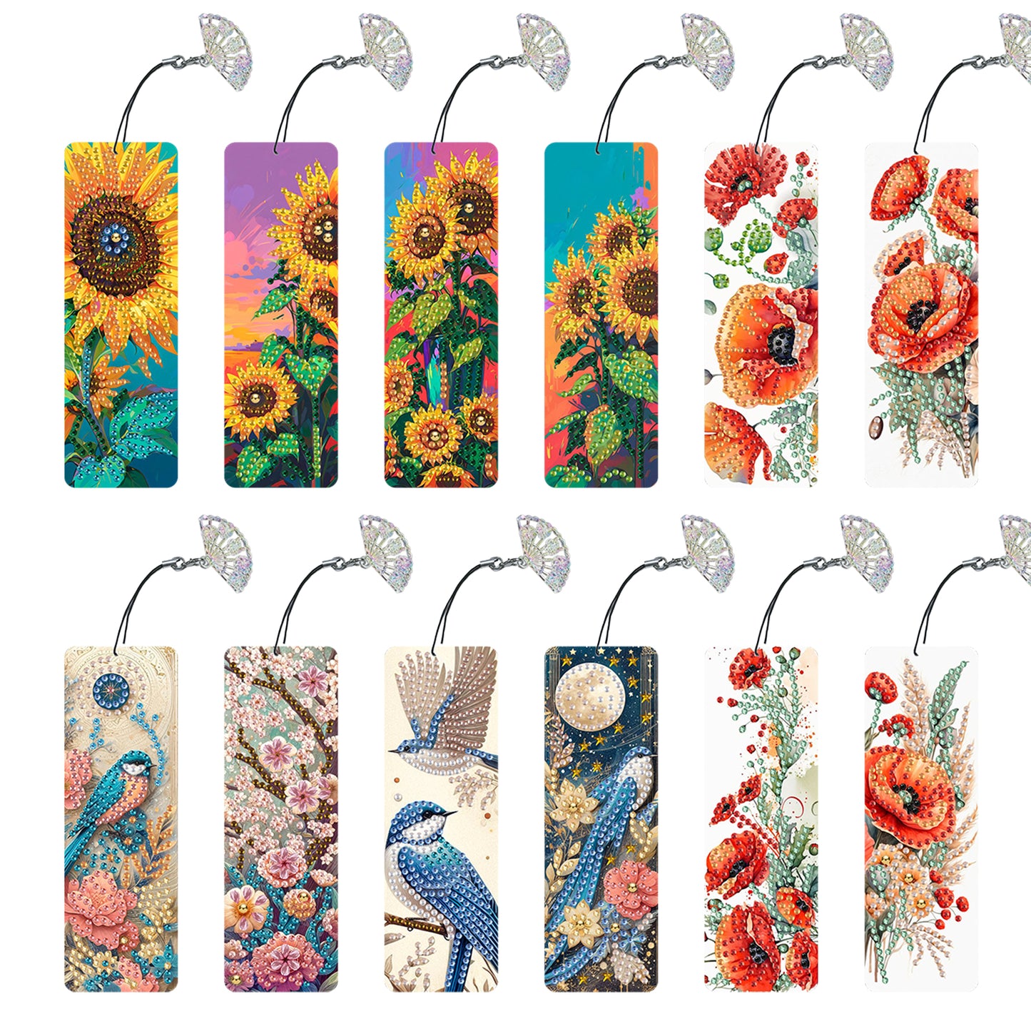 12Pcs Flowers and Birds DIY Diamond Painting Bookmarks for Reading Enthusiasts