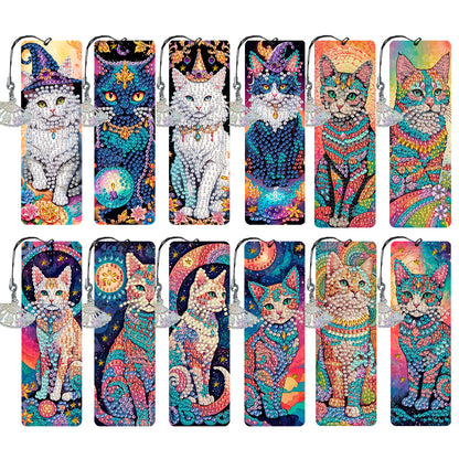 12Pcs Cat DIY Diamond Painting Bookmarks for Book Lovers Mosaic Art Supplies