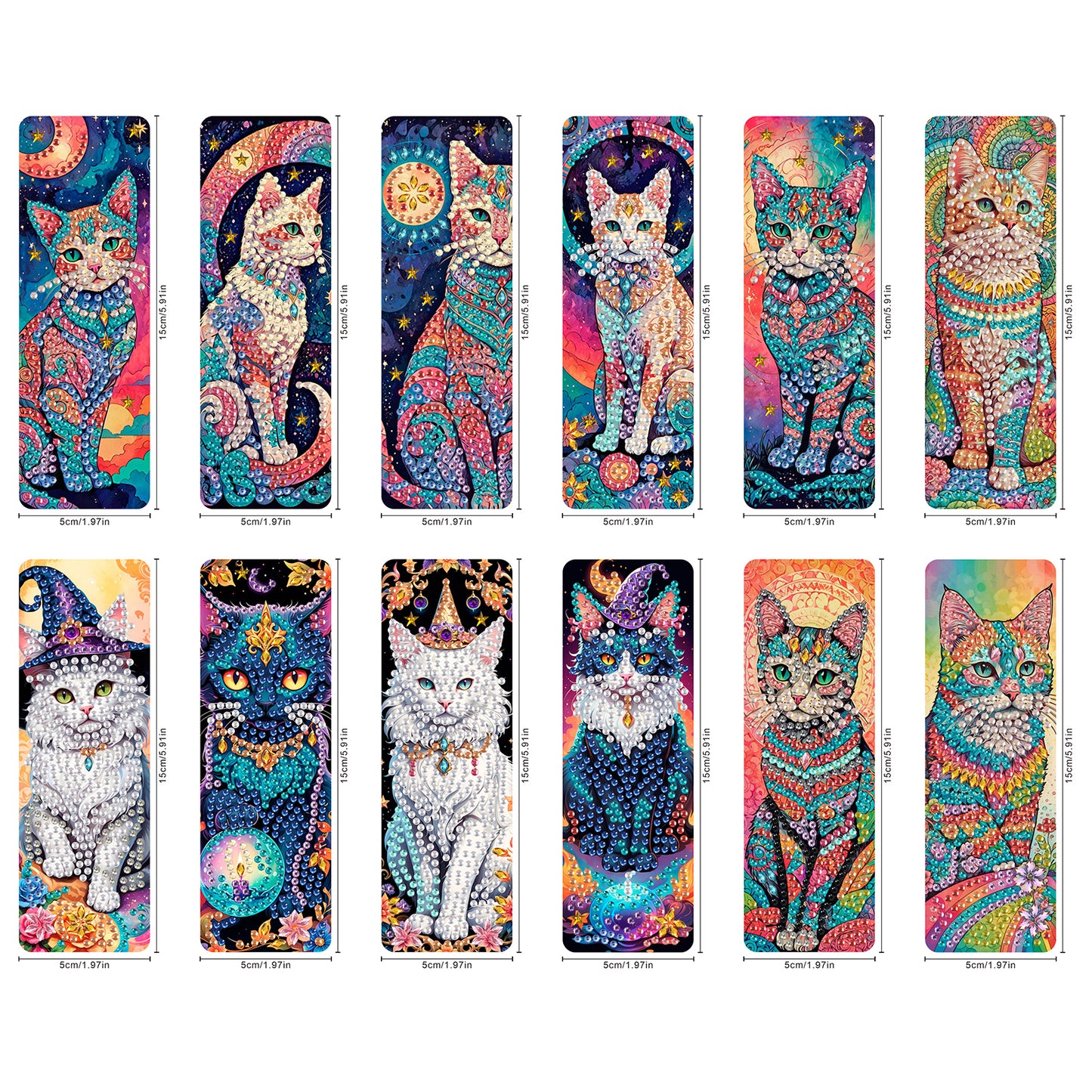 12Pcs Cat DIY Diamond Painting Bookmarks for Book Lovers Mosaic Art Supplies