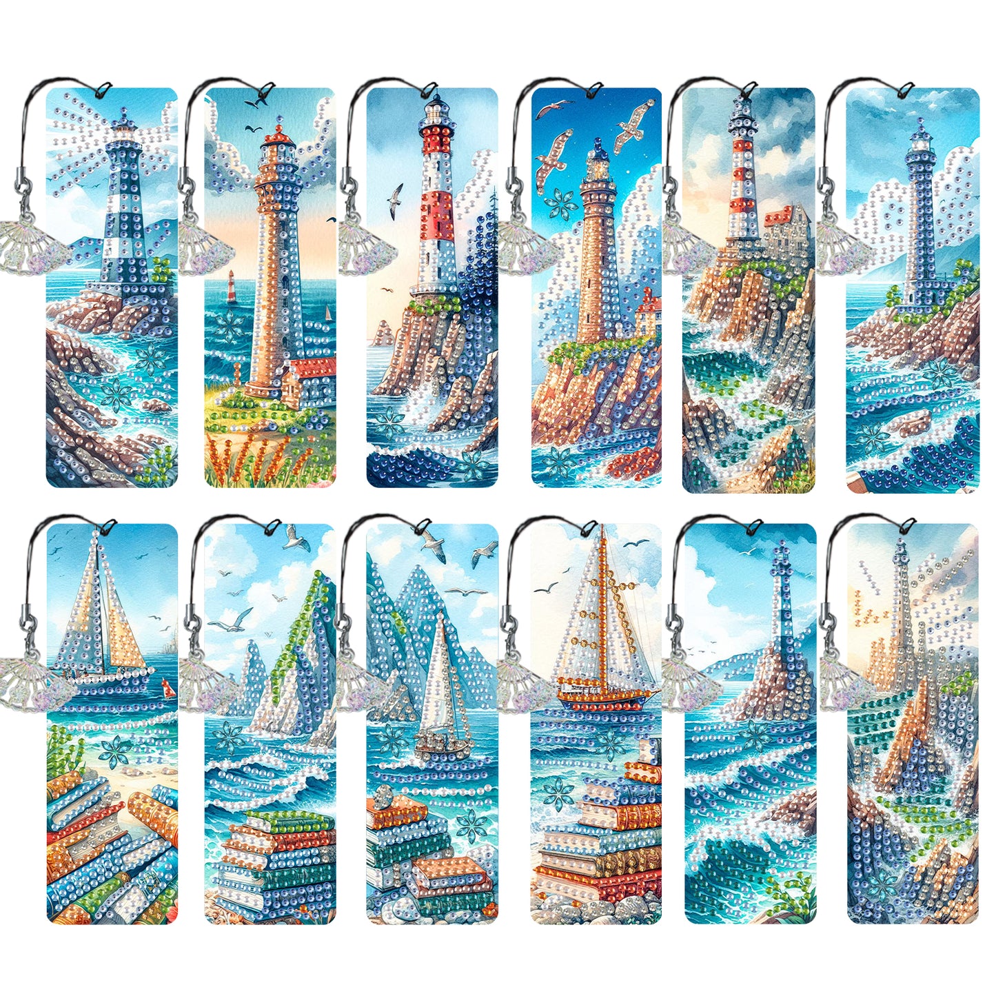 12Pcs Seaside Lighthouse DIY Diamond Painting Bookmarks for Reading Enthusiasts
