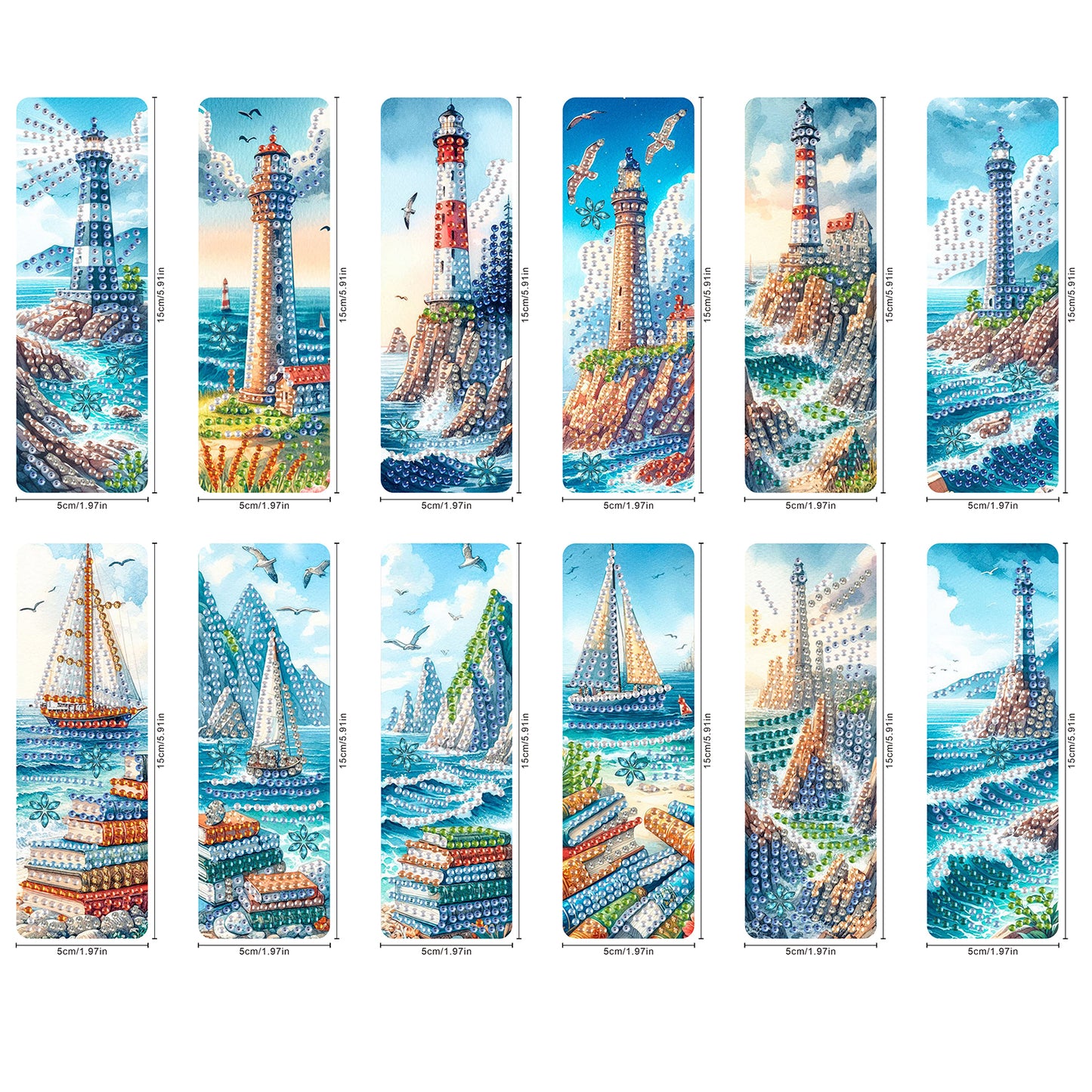 12Pcs Seaside Lighthouse DIY Diamond Painting Bookmarks for Reading Enthusiasts