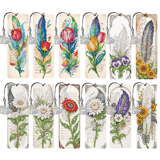 12Pcs Feathers and Flowers DIY Diamond Painting Bookmarks for Reading Enthusiast