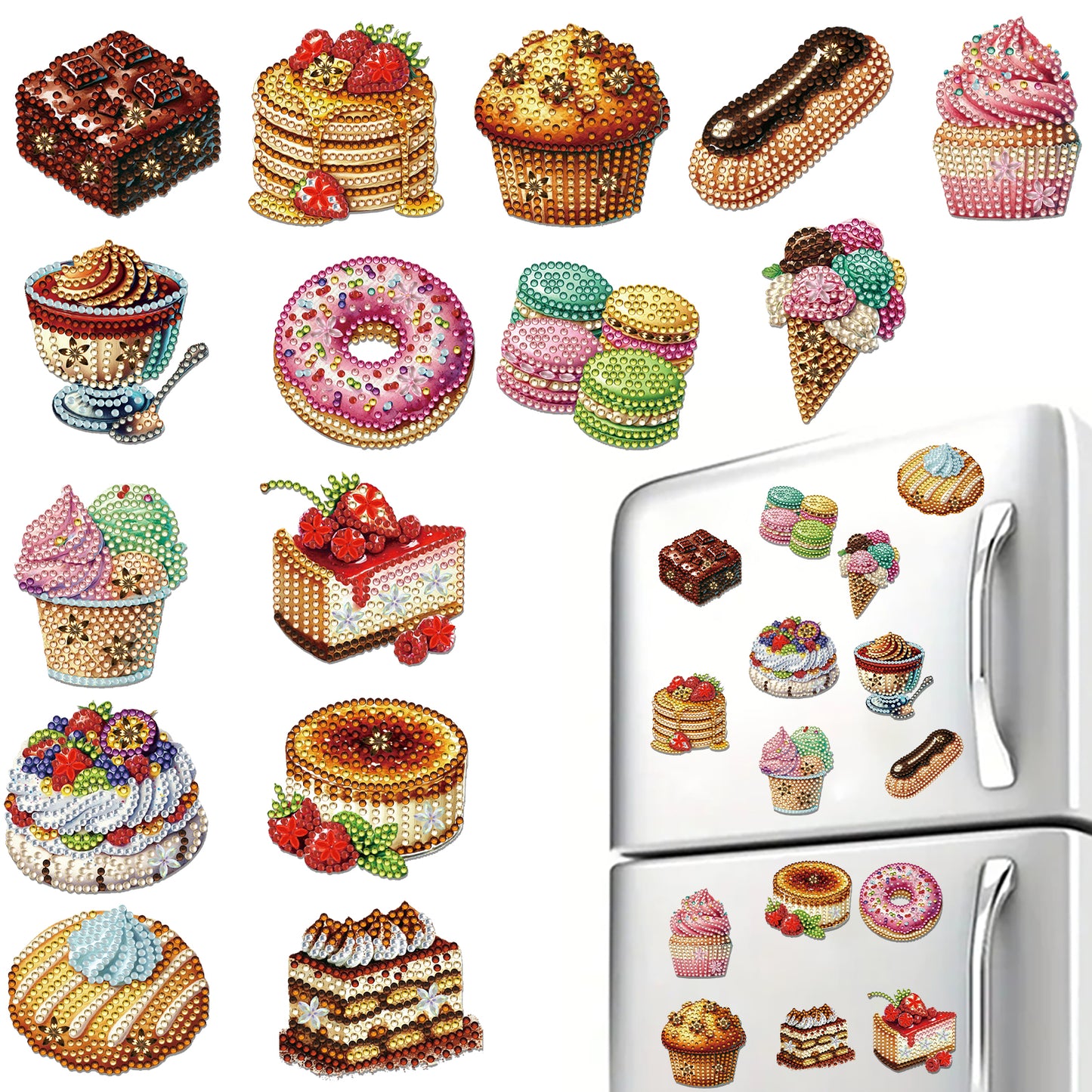 15pcs Dessert 2D Acrylic DIY Diamond Art Fridge Magnet Kit for Home Car Decor