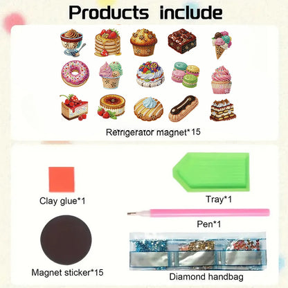 15pcs Dessert 2D Acrylic DIY Diamond Art Fridge Magnet Kit for Home Car Decor
