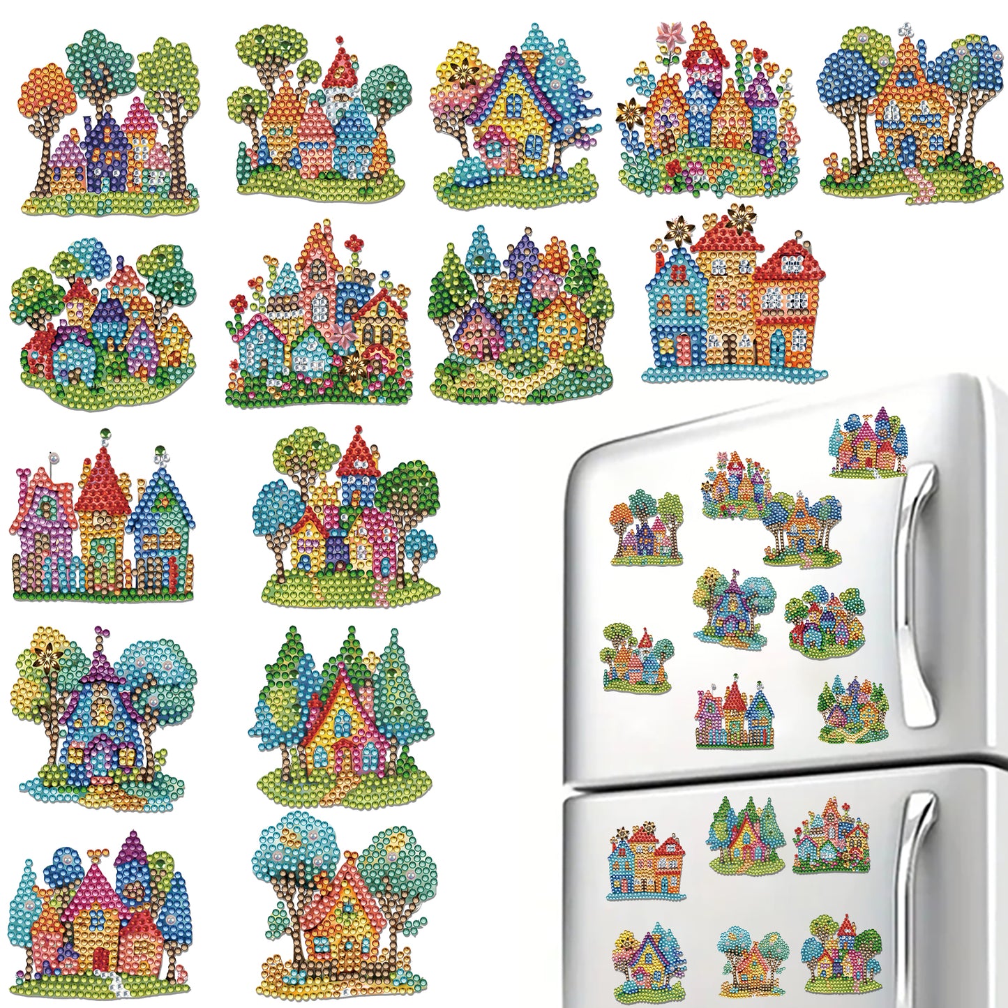 15pcs House 2D Acrylic DIY Diamond Art Fridge Magnet Kit for Home Car Decor