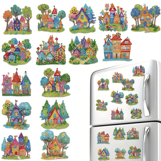15pcs House 2D Acrylic DIY Diamond Art Fridge Magnet Kit for Home Car Decor