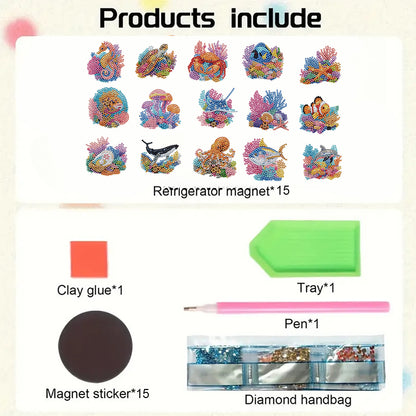 15pcs Animal 2D Acrylic DIY Diamond Art Fridge Magnet Kit for Home Car Decor