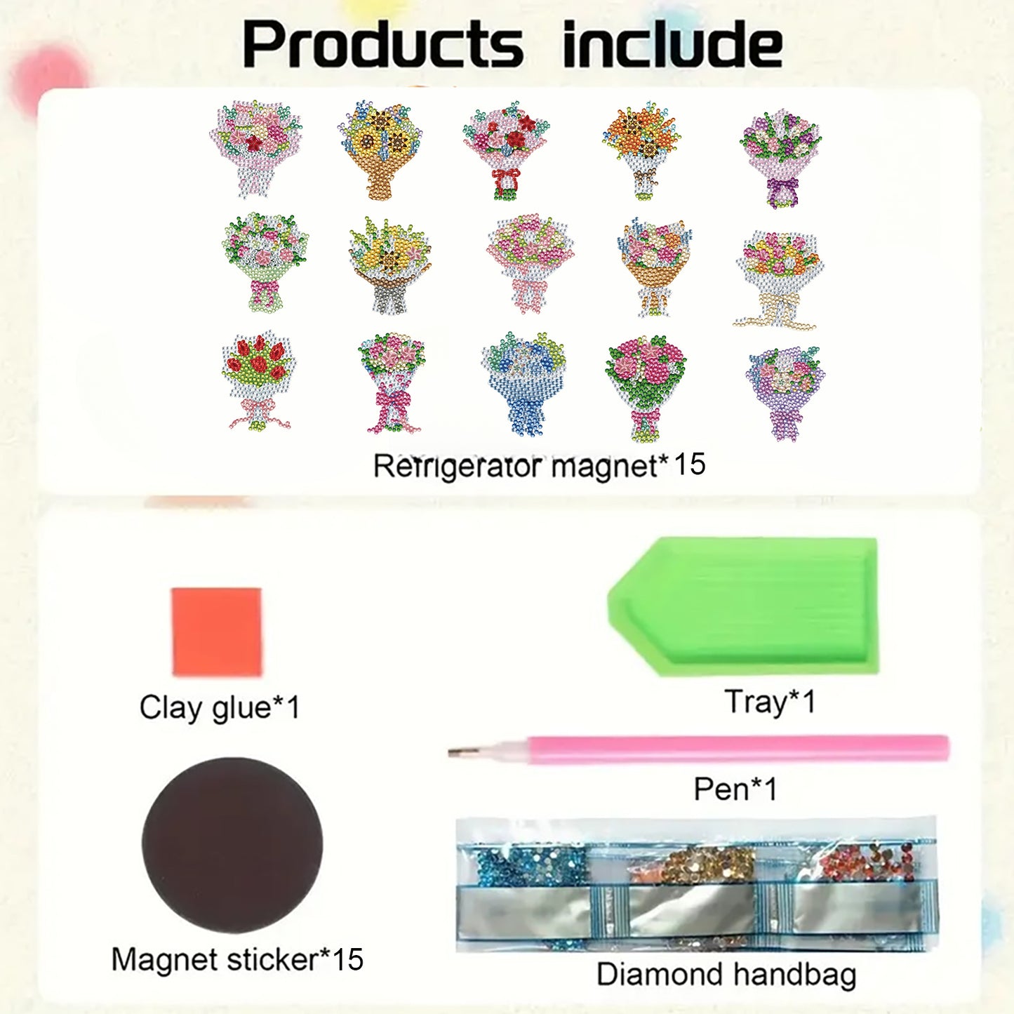 15pcs Bouquet 2D Acrylic DIY Diamond Art Fridge Magnet Kit for Home Car Decor
