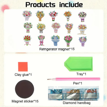 15pcs Bouquet 2D Acrylic DIY Diamond Art Fridge Magnet Kit for Home Car Decor