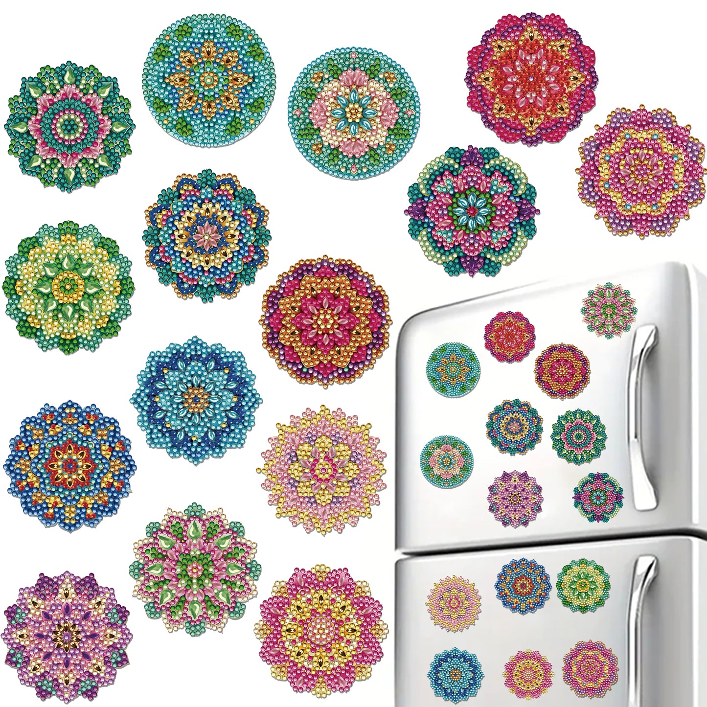 15pcs Mandala 2D Acrylic DIY Diamond Art Fridge Magnet Kit for Home Car Decor