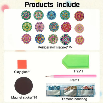 15pcs Mandala 2D Acrylic DIY Diamond Art Fridge Magnet Kit for Home Car Decor