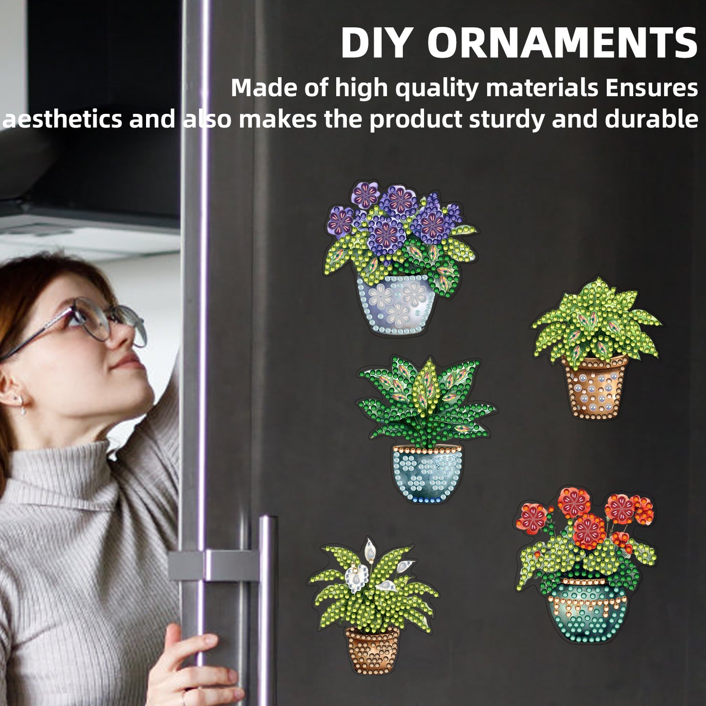 15pcs Potted Plants 2D Acrylic DIY Diamond Art Fridge Magnet Kit for Home Decor