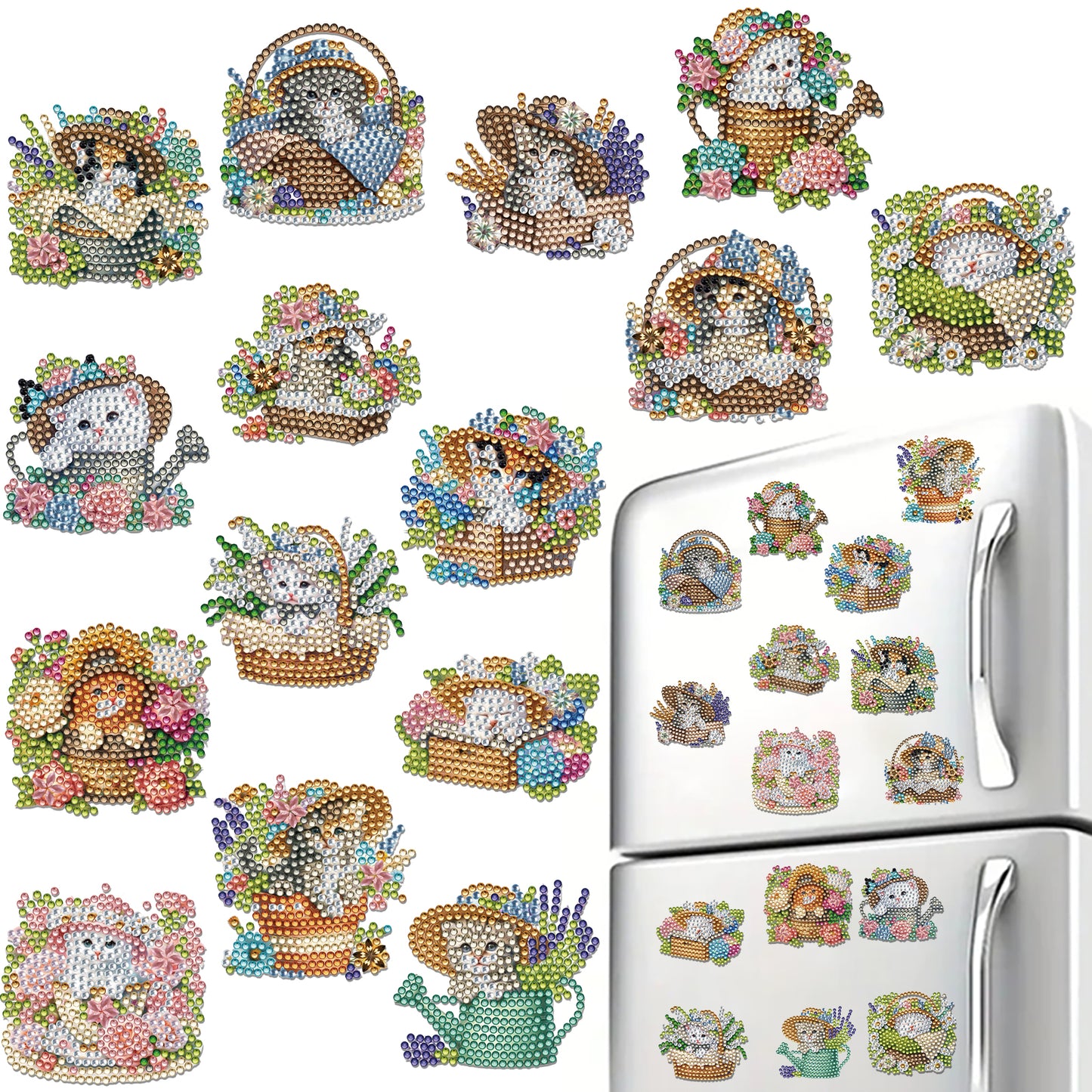 15pcs Cat 2D Acrylic DIY Diamond Art Fridge Magnet Kit for Home Car Decor