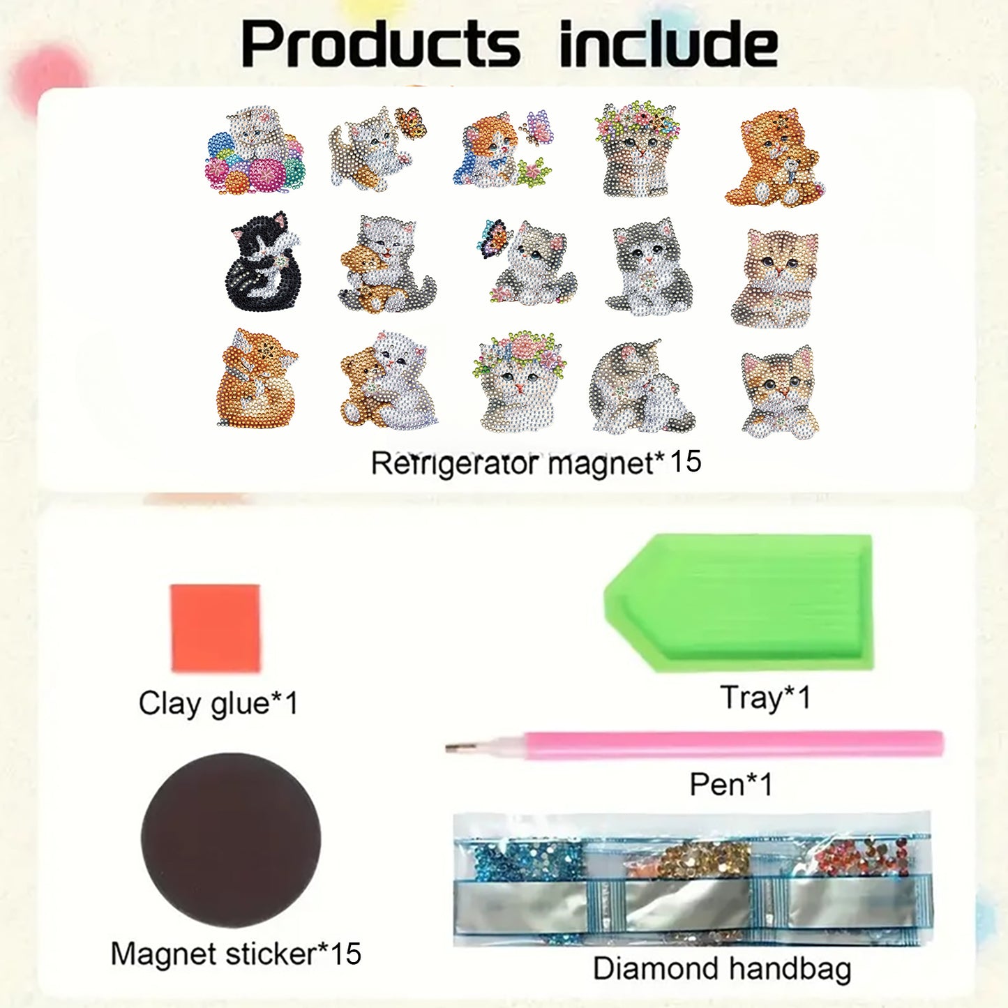 15pcs Kitten 2D Acrylic DIY Diamond Art Fridge Magnet Kit for Home Car Decor