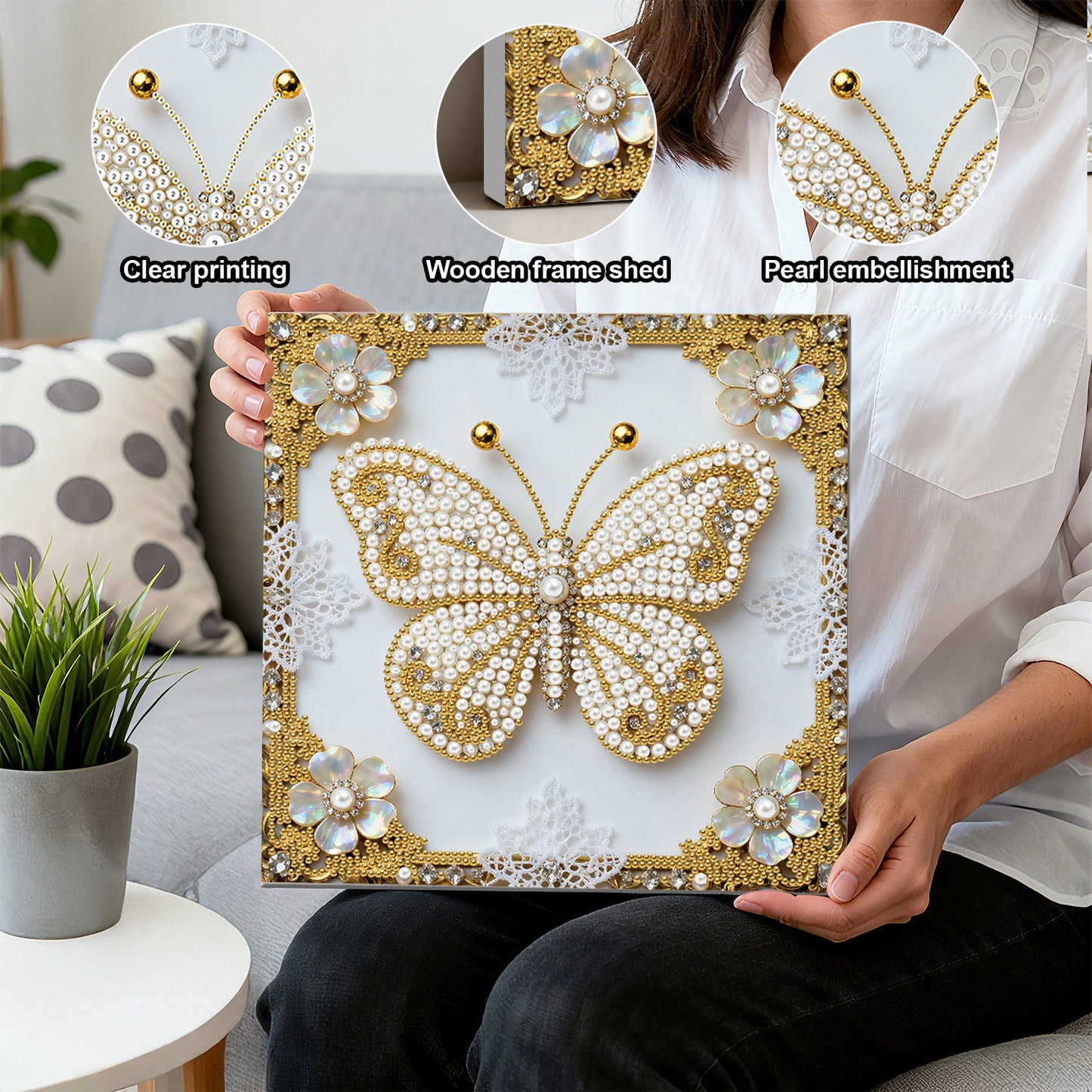 Butterfly - DIY Pearl Gem Art Diamond Painting Kits With Framefor Home Decor -25x25cm