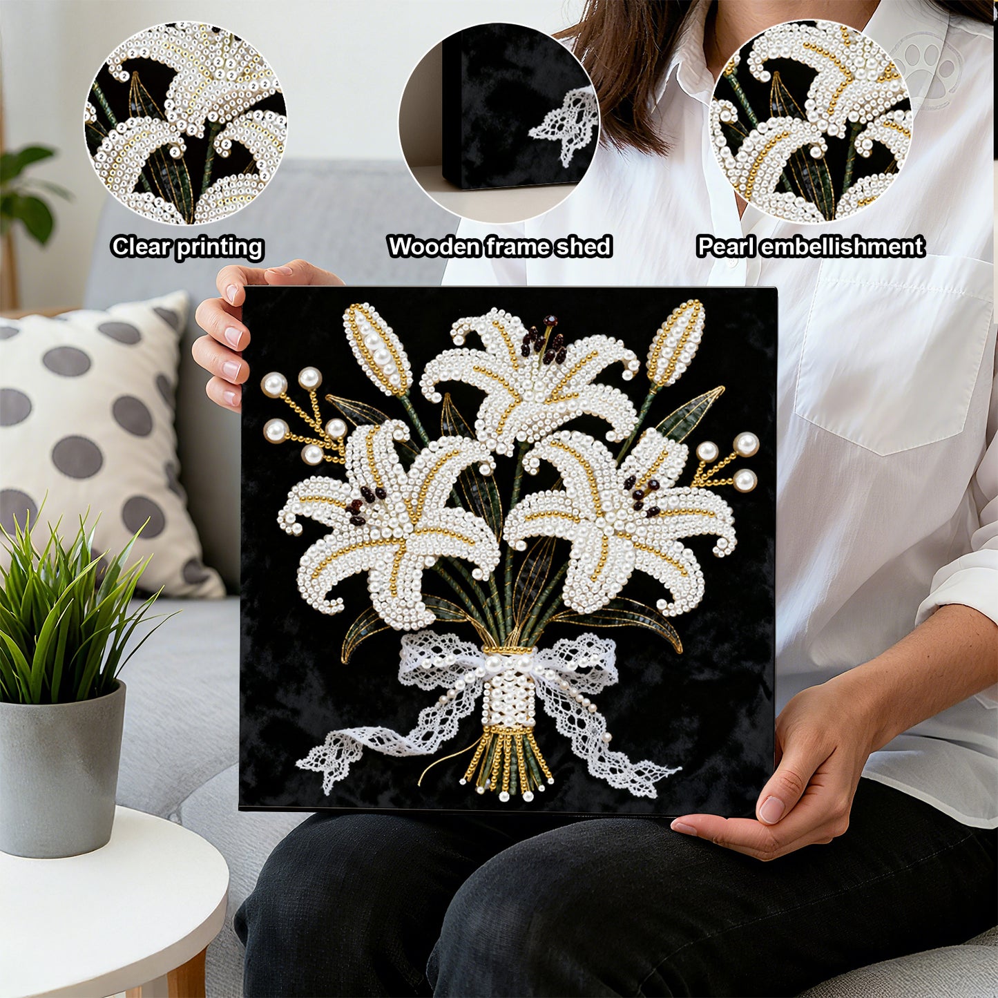 Blooming Flowers - DIY Pearl Gem Art Diamond Painting Kits With Framefor Home Decor -25x25cm